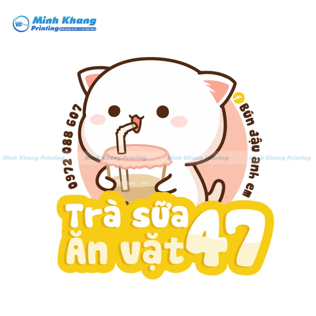 Mẫu logo trà sữa và đồ ăn vặt mang phong cách Chibi đáng yêu, thu hút ánh nhìn của các bạn học sinh, sinh viên