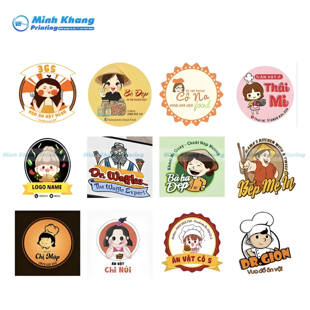 Mẫu nhãn dán logo khô gà lá chanh được thiết kế theo hình chiếc lá, tạo điểm nhấn độc đáo trên hũ nhựa