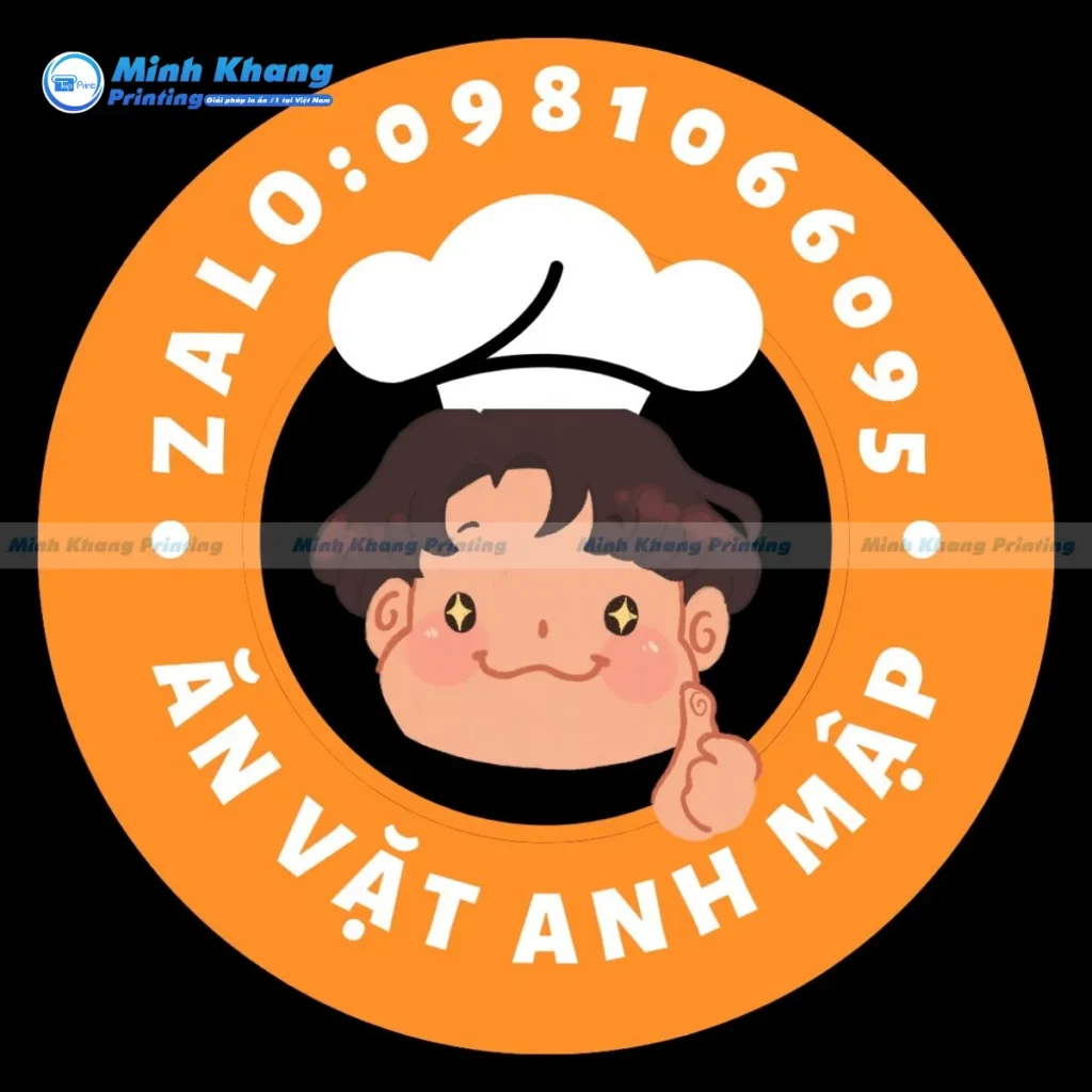 Mẫu sticker logo ăn vặt hình tròn truyền thống kích thước 3 x 3 cm