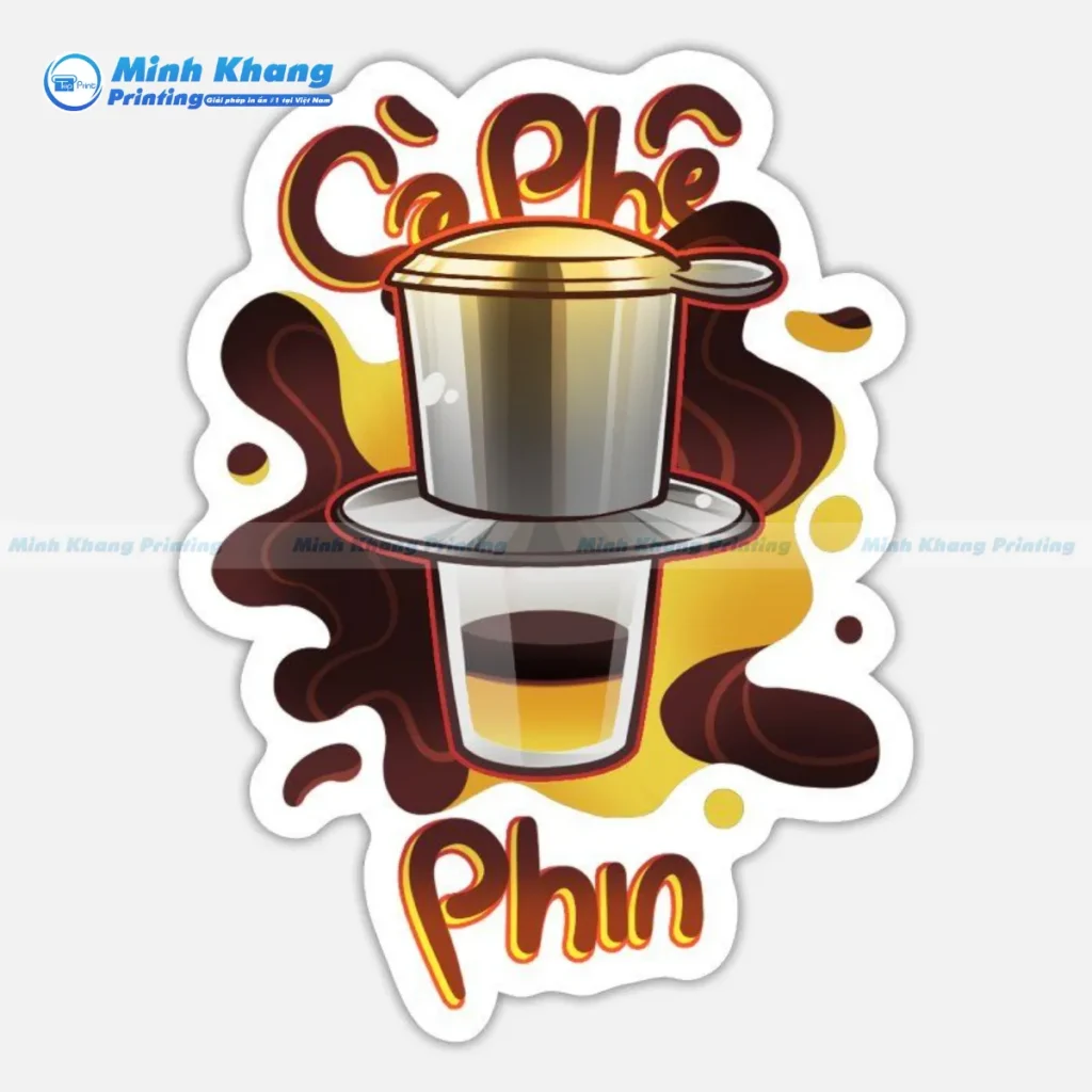Mẫu logo hình phin cà phê cắt bế theo hình dạng đặc biệt in chất liệu decal