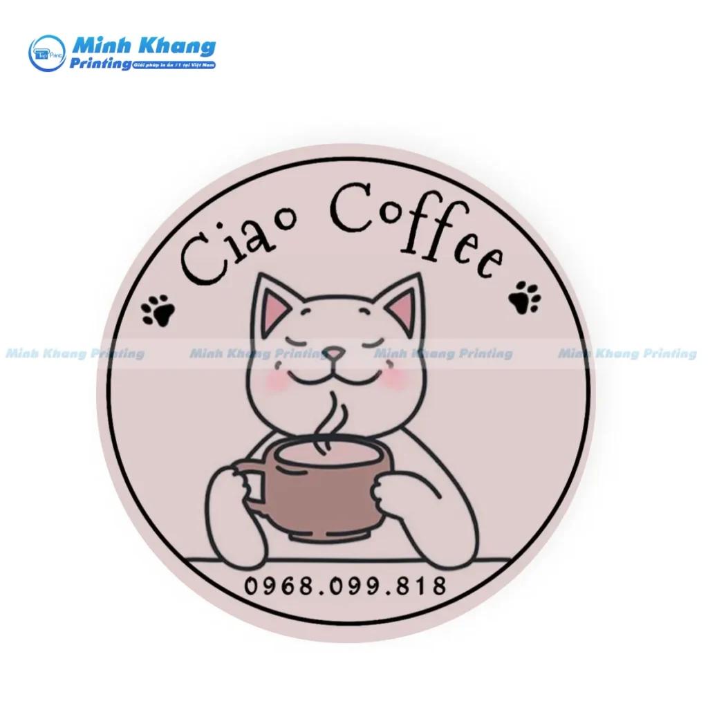 Mẫu logo cà phê Ciao dán ly nhựa trong giúp làm nổi bật màu sắc tự nhiên 