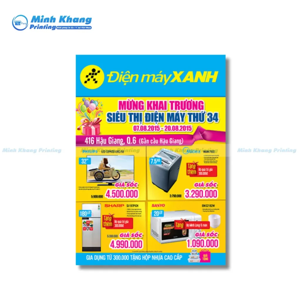 Mẫu tờ rơi khai trương cửa hàng điện thoại điện máy xanh dùng tông màu xanh và vàng để thu hút sự chú ý