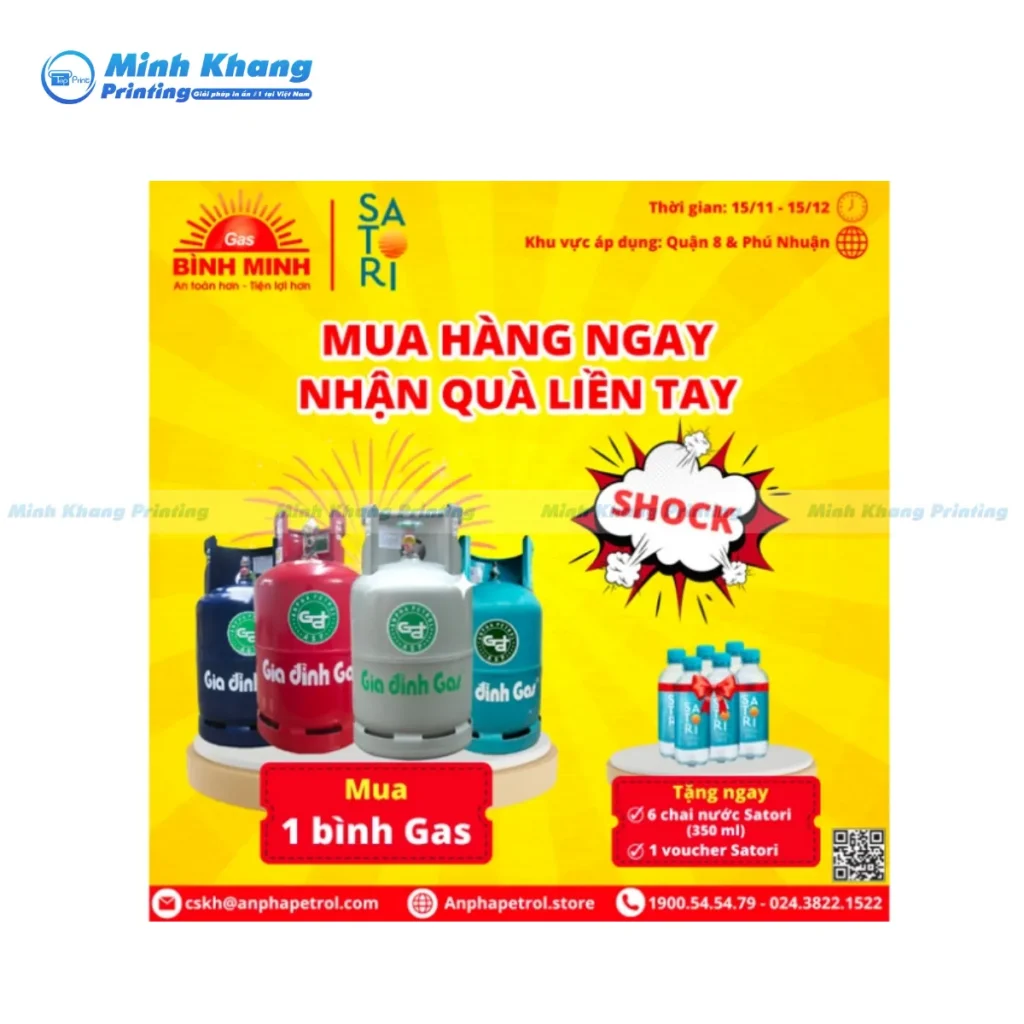 Mẫu tờ rơi nội dung liệt kê đầy đủ các loại bình gas từ 6kg, 12kg đến 45kg để đáp ứng đa dạng nhu cầu