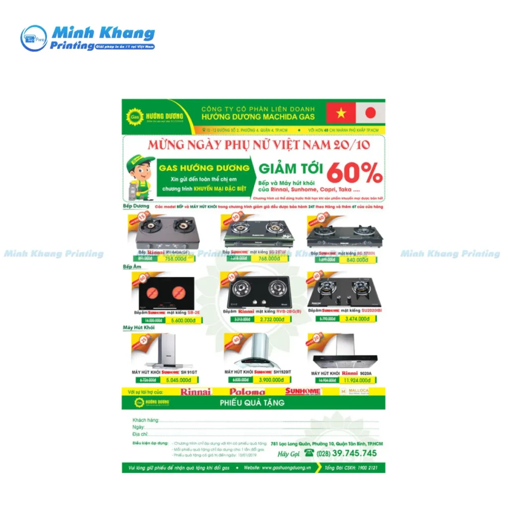 Mẫu tờ rơi kết hợp quảng bá bếp gas âm và máy hút mùi nhằm mở rộng danh mục sản phẩm