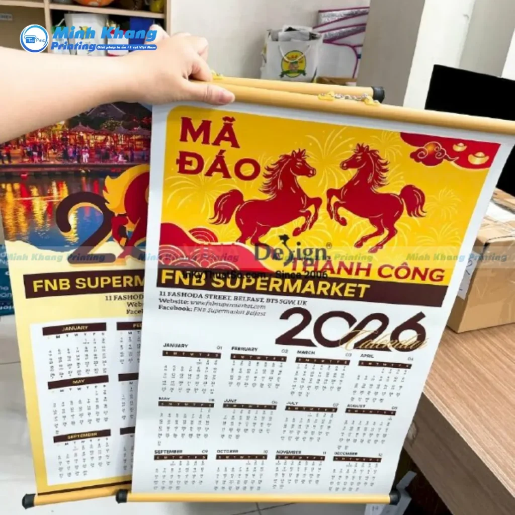 Mẫu lịch tặng tri ân khách hàng nẹp thiếc & cây gỗ treo tường