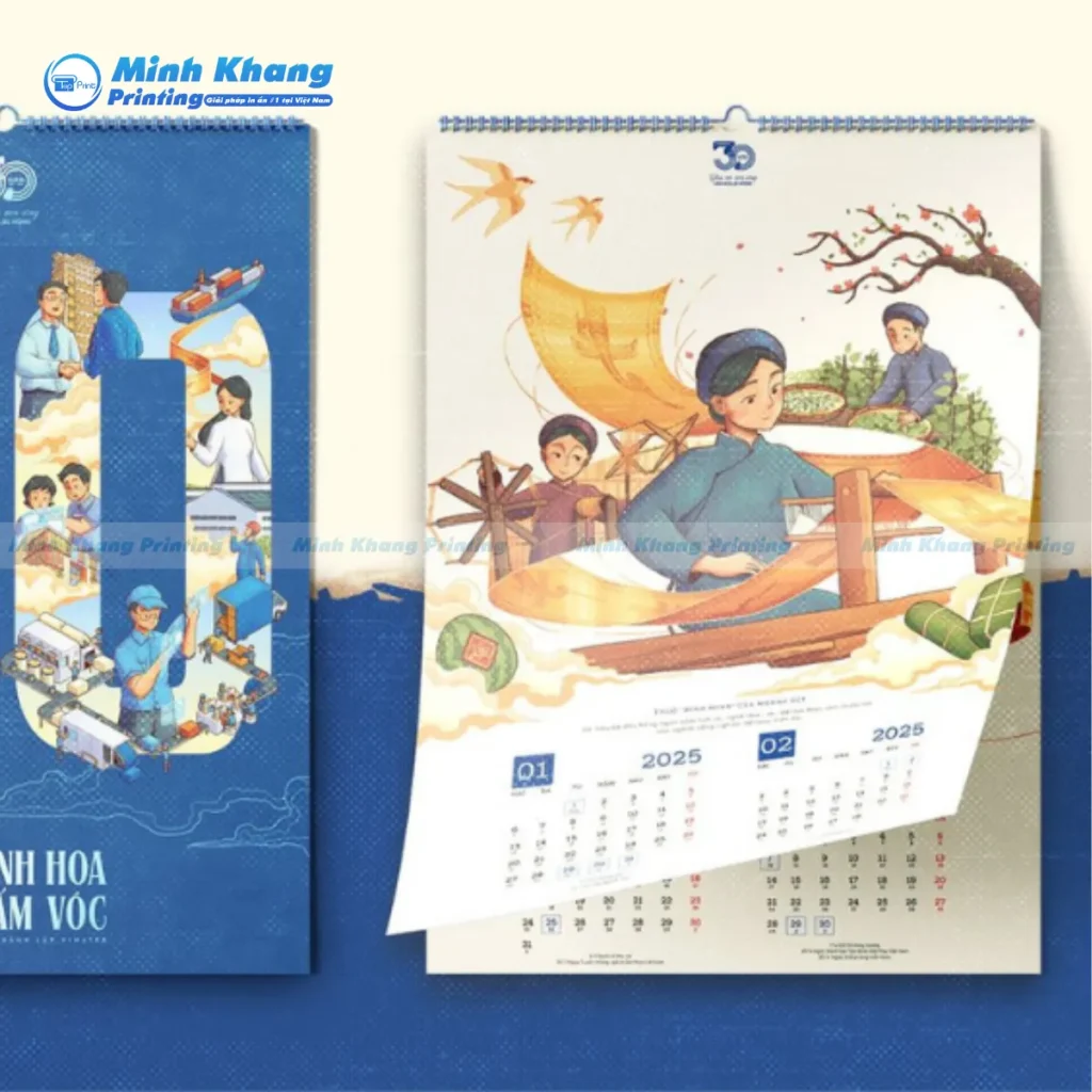 Mẫu lịch lò xo 7 tờ in với chất liệu giấy mỹ thuật có vân cực đẹp