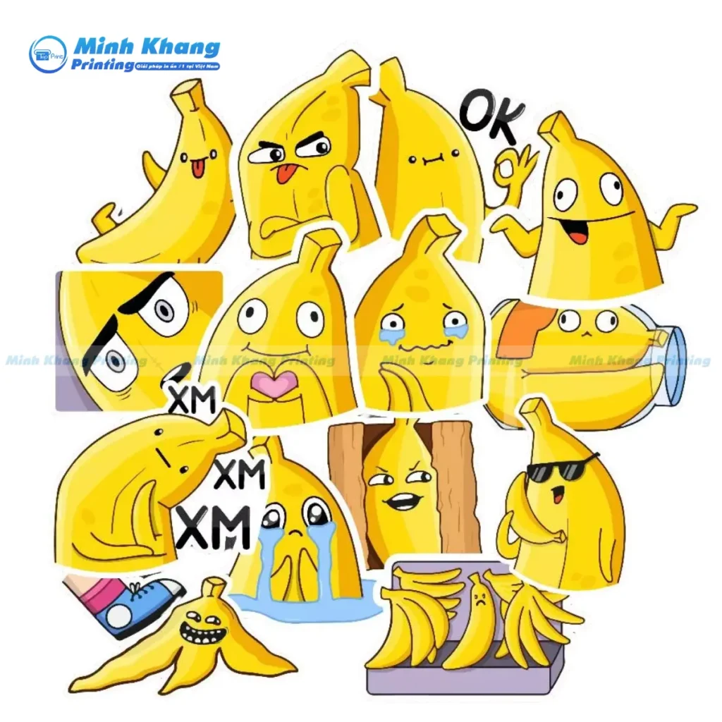 Mẫu sticker chuối dán nón bảo hiểm làm từ decal nhựa chống nước, bền màu dưới mọi thời tiết.