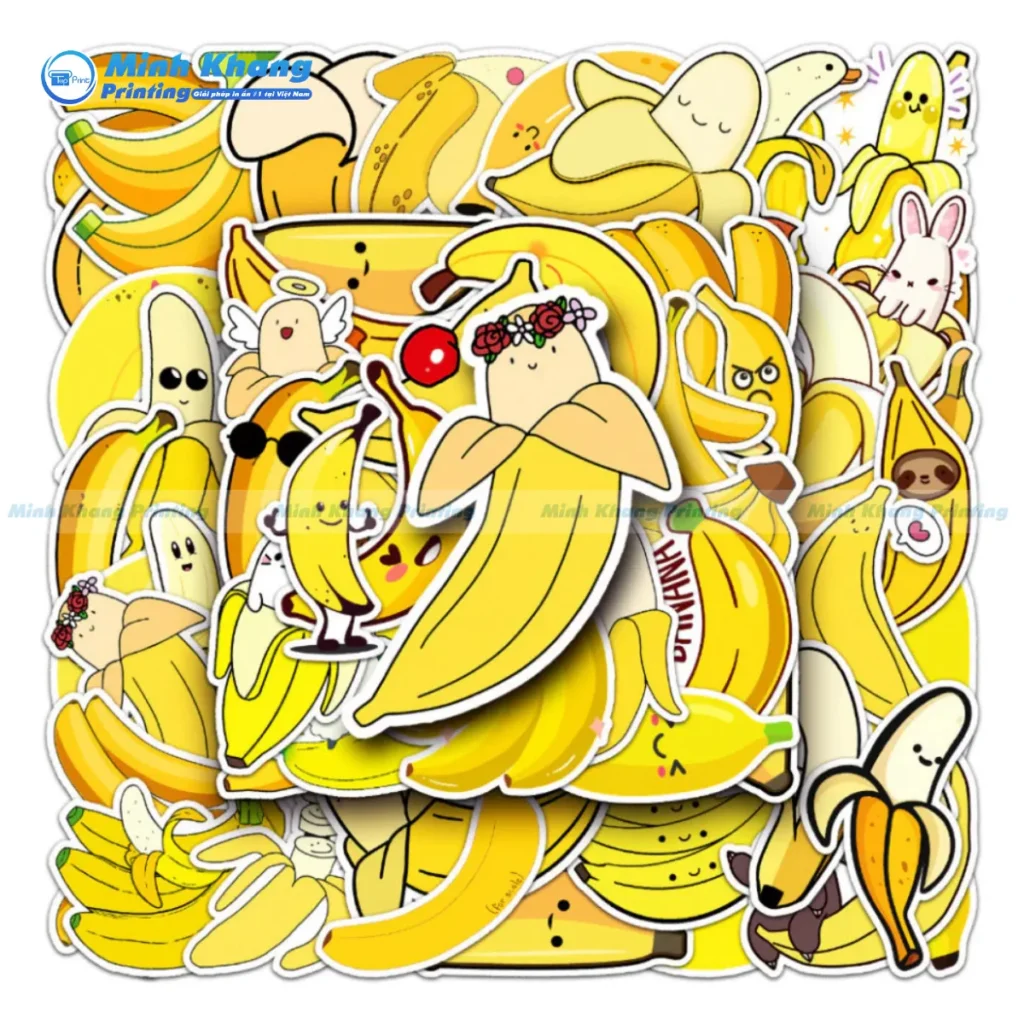 Mẫu sticker miếng dán hình trái chuối cắt bế Die-cut rời từng chiếc, rất tiện lợi để làm quà tặng