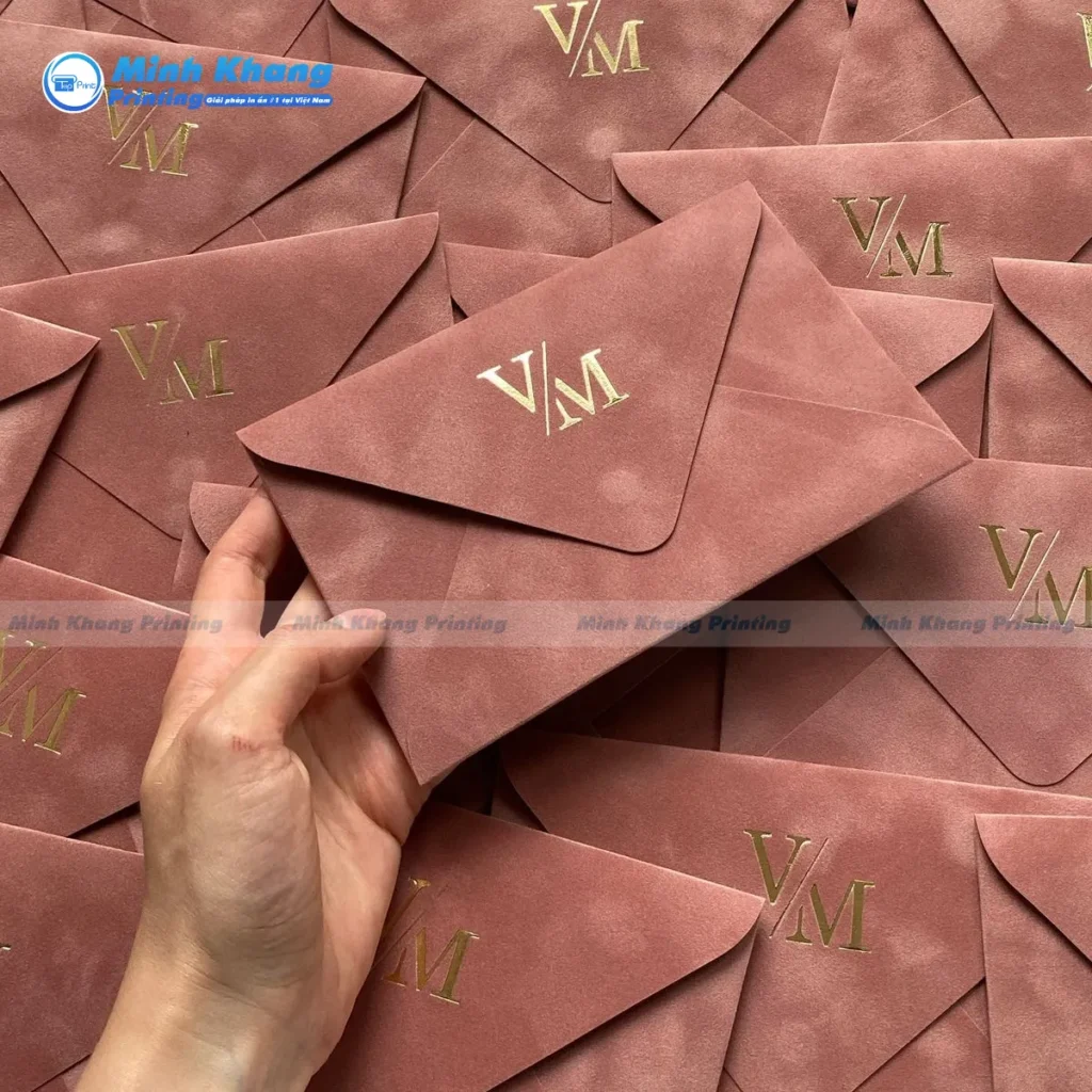 Mẫu phong bì nắp chữ V giấy mỹ thuật có gân nổi, in ép kim vàng tinh xảo