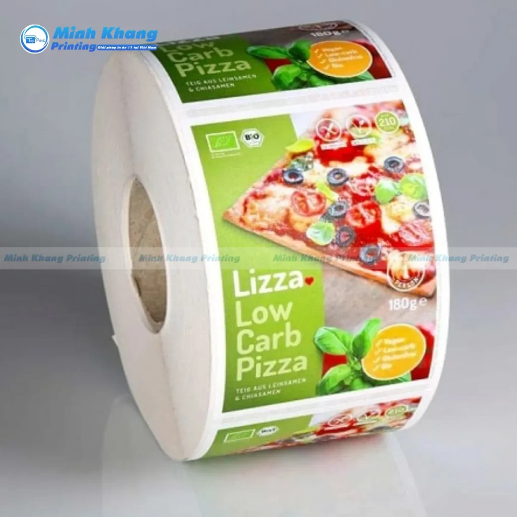 Mẫu decal cuộn niêm phong hộp đựng pizza có lớp keo chịu nhiệt độ rất tuyệt vời.
