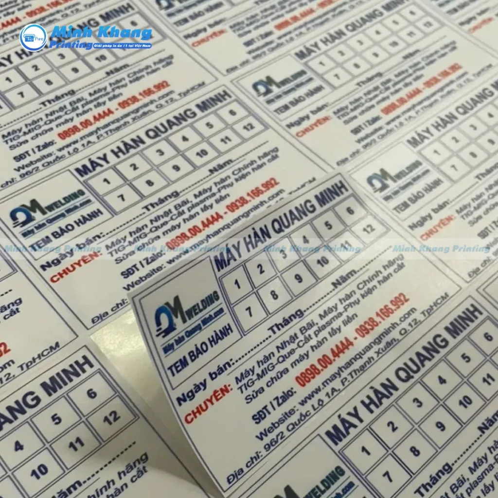 Mẫu tem dán decal nhựa tem bảo hành máy hàn Quang Minh