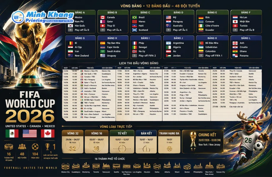 Mẫu lịch thi đấu World Cup 2026 dành cho văn phòng với khoảng trống để ghi chú kết quả