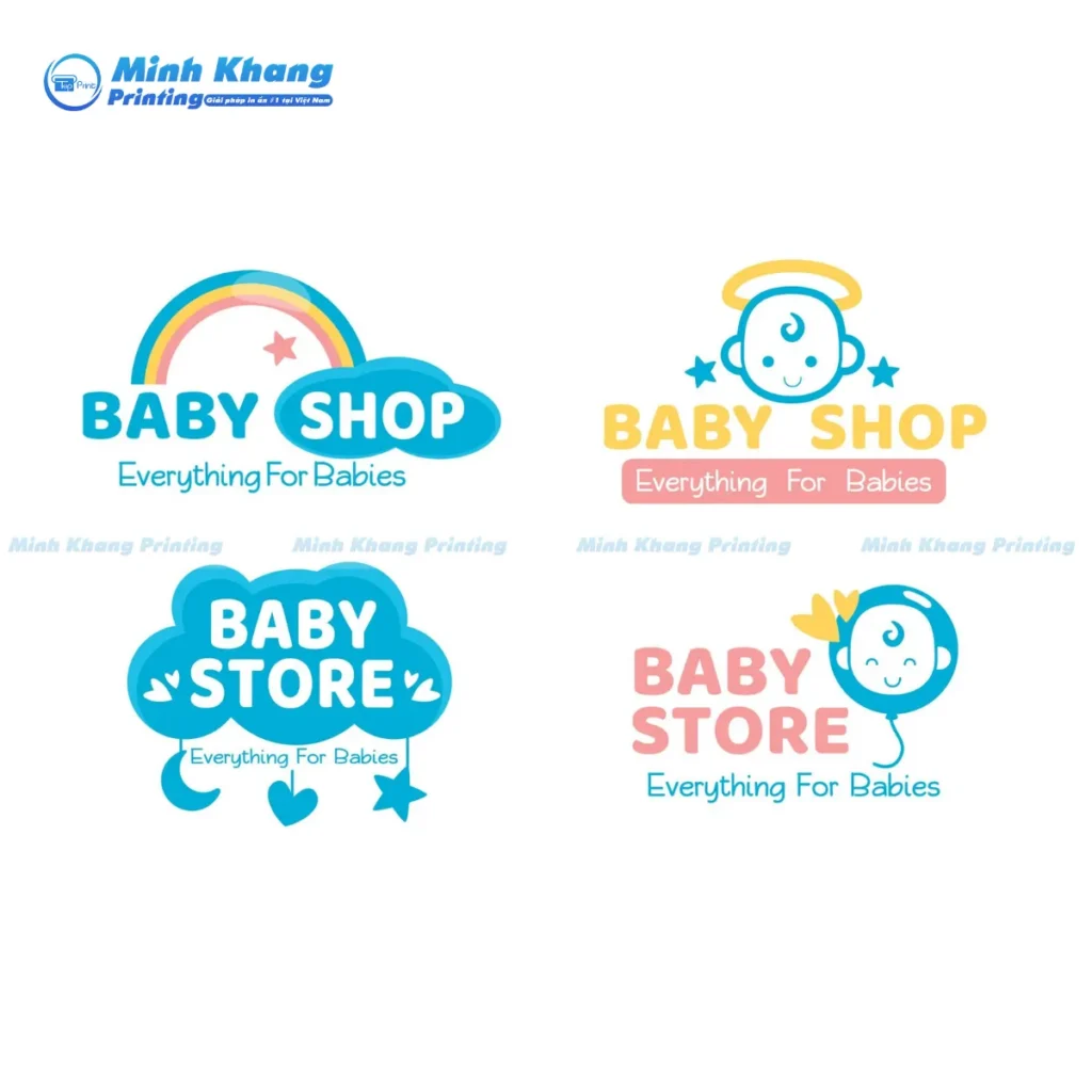 Mẫu logo shop thời trang trẻ em hình chữ nhật ngang in thông tin cửa hàng rất thích hợp dán hộp carton.