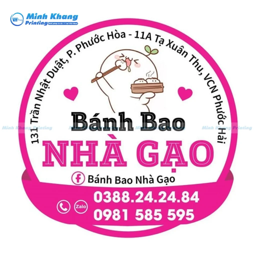 Mẫu logo dán tròn bán bánh bao Nhà Gạo có thể in decal giấy, decal trong