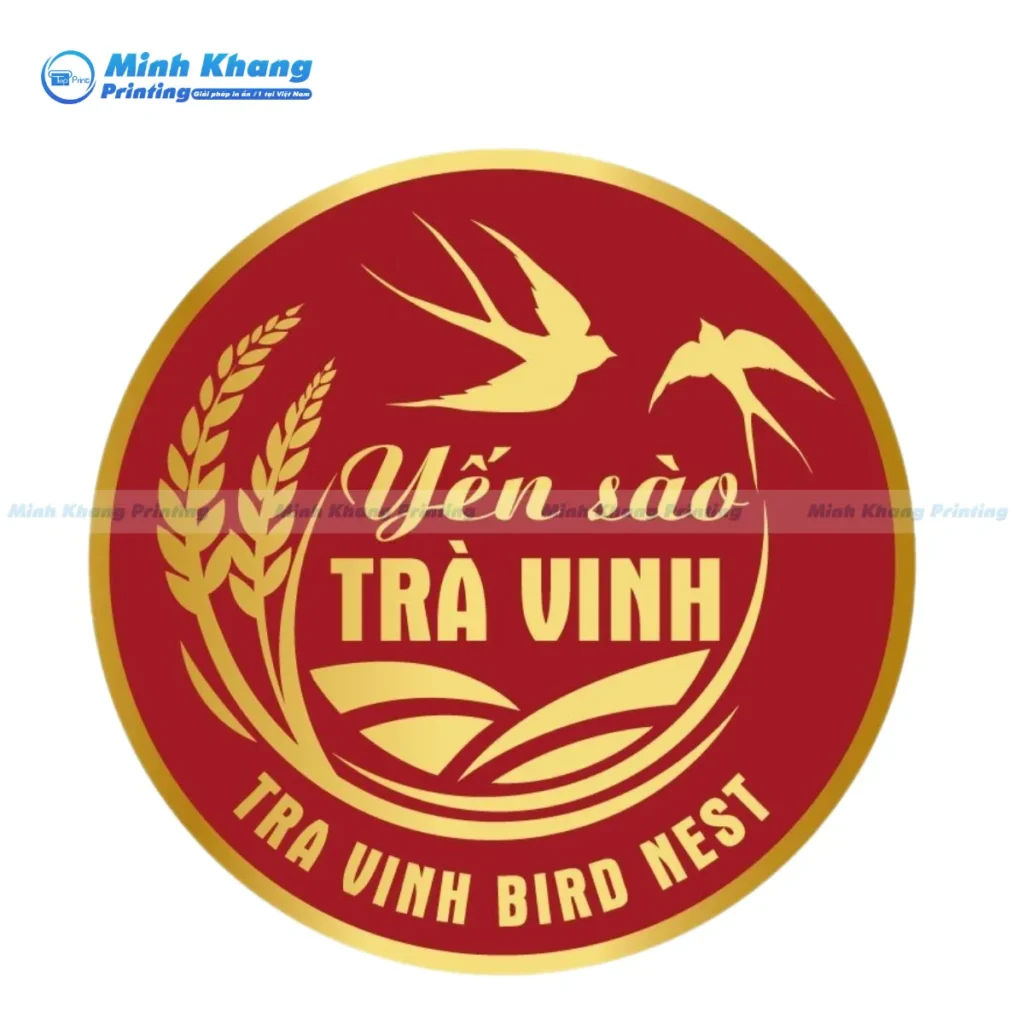 Mẫu nhãn mác yến sào trà vinh lồng ghép họa tiết lùa và biểu tượng chim 