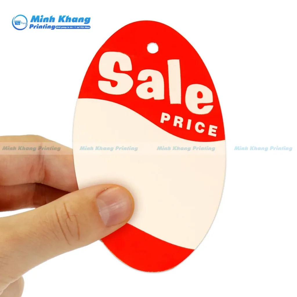 Mẫu tag hình oval dùng để máng vào có đồ sale để khách hàng dễ nhận biết