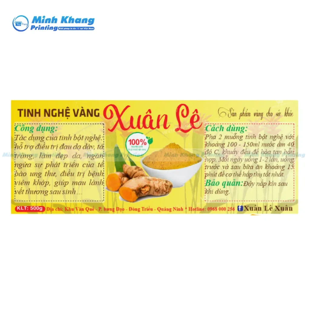 Mẫu tem nhãn tinh bột nghệ kích thước 12 x 4 centimet rất chuẩn cho lọ nhỏ