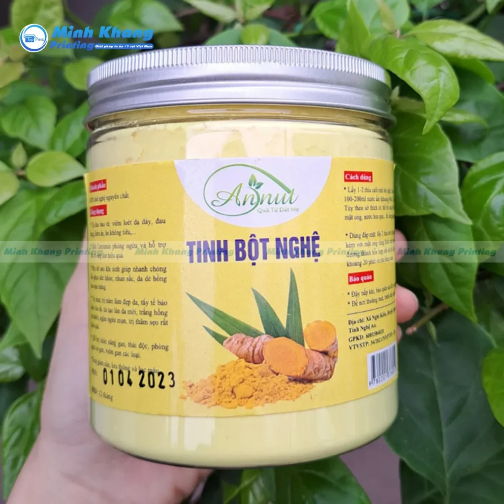 Mẫu tem dán niêm phong lọ tinh bột nghệ in logo nhằm chống hàng giả rất tốt