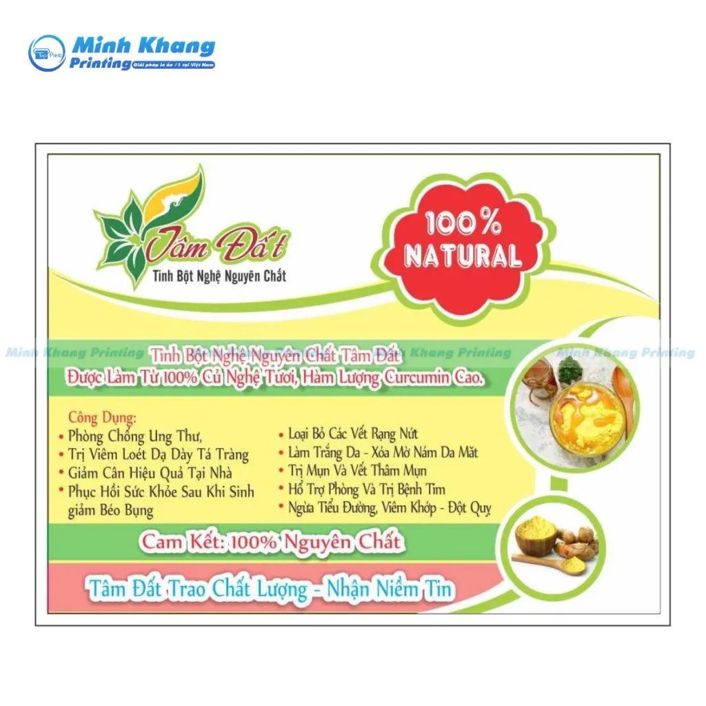 Mẫu tem dán mặt trước túi bột nghệ hiển thị rõ ràng phần trăm hàm lượng curcumin