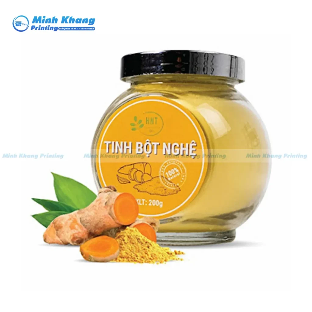 Mẫu tem tròn dán nắp hũ bột nghệ giúp khách hàng dễ dàng nhận diện thương hiệu