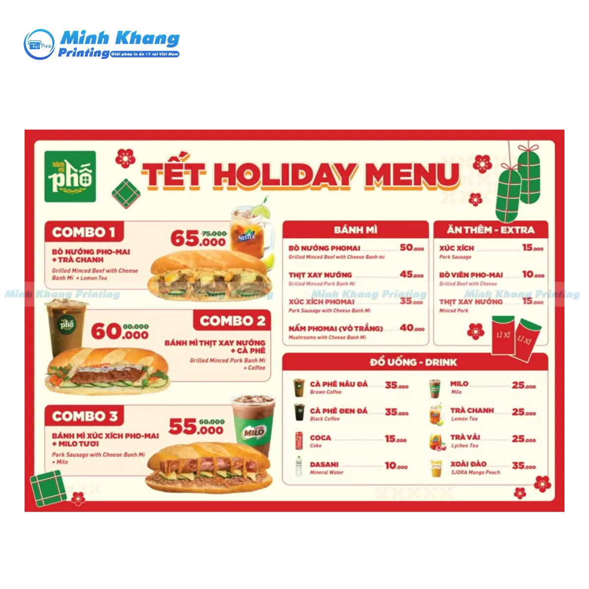 Mẫu menu bánh mì bùng nổ màu sắc lễ hội tết