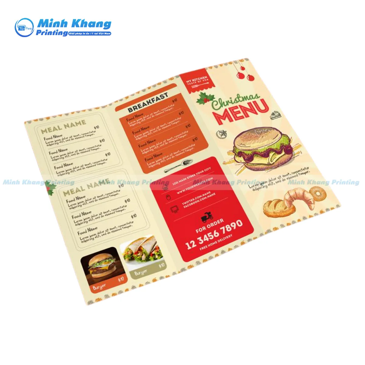 Mẫu menu gấp 3 lạm dụng gam màu đỏ và vàng để thu hút sự chú ý