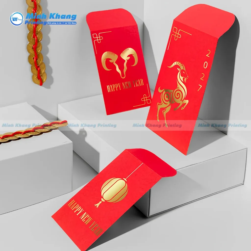 Mẫu in bao lì xì ép kim vàng đồng phối họa tiết chìm tinh tế