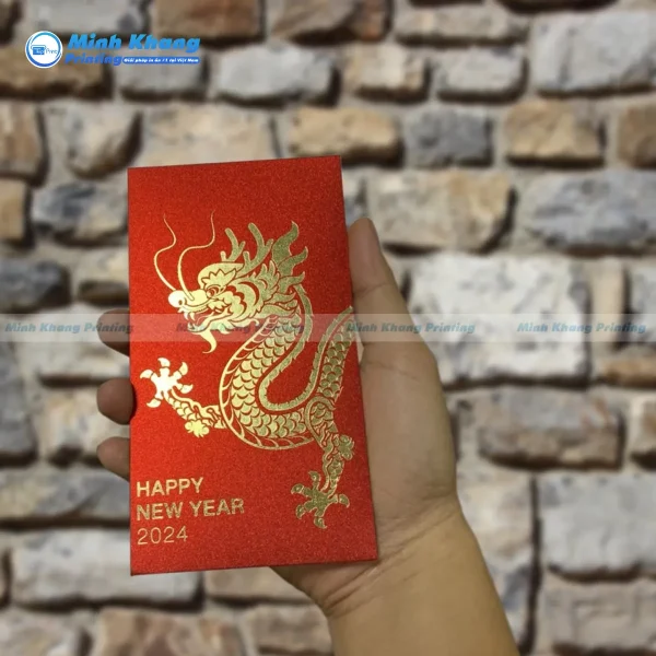 Mẫu bao lì xì tết nền giấy kim tuyến in hình rồng vàng uy nghi