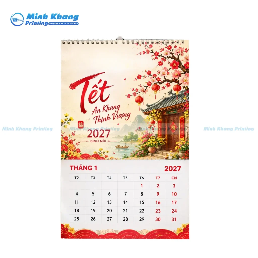 Mẫu lịch 5 tờ treo tường thiết kế in hình hoa đào