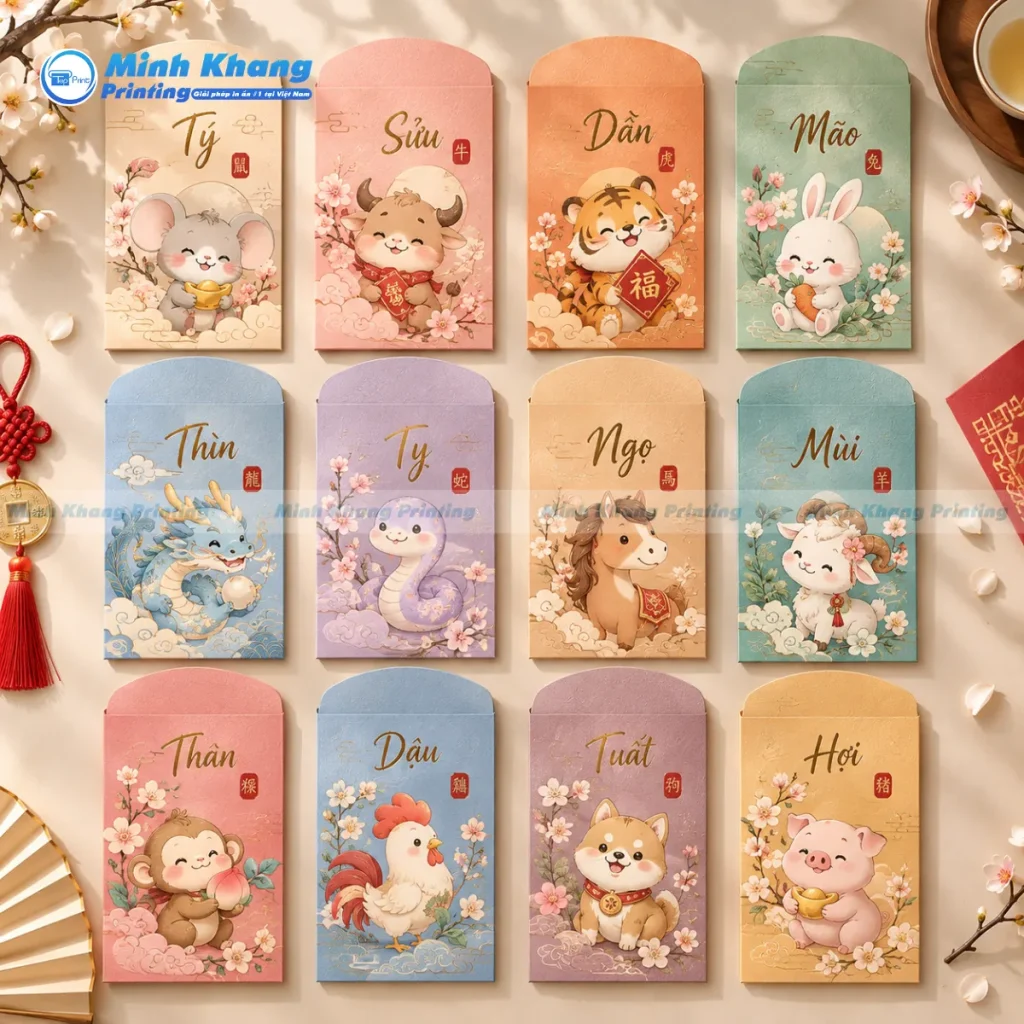 Mẫu bao lì xì 12 con giáp thiết kế độc quyền pastal nhẹ nhàng