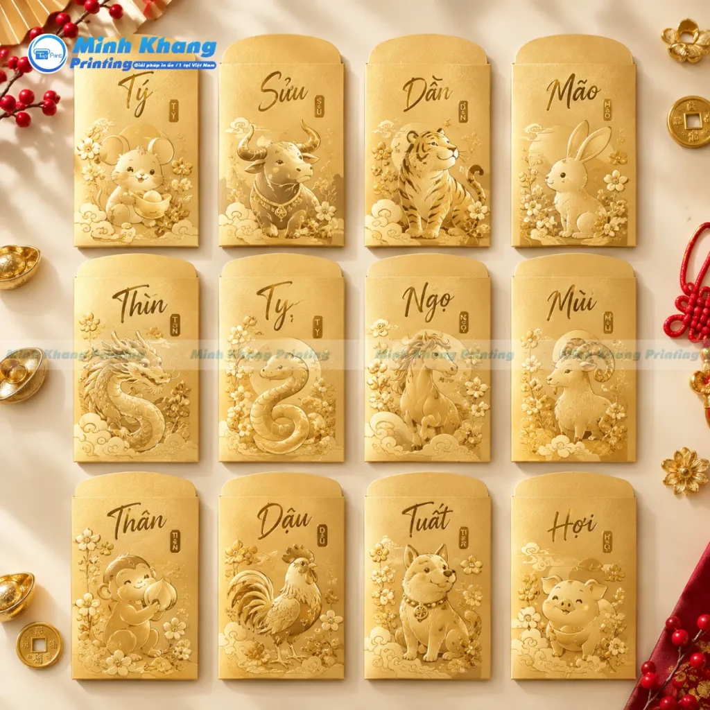 Mẫu bao lì xì con dê Đinh Mùi 2027 ép kim nhũ vàng sang trọng dành cho doanh nghiệp