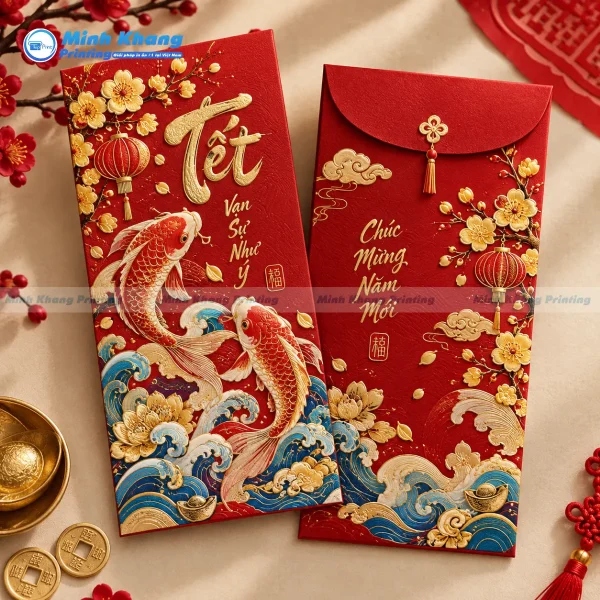 Mẫu bao lì xì dập nổi hoa văn ngày Tết vô cùng sắc nét, sống động