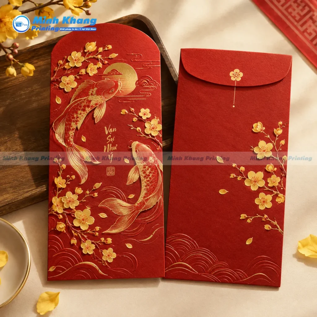 Mẫu bao lì xì dập nổi trên chất liệu giấy mỹ thuật đỏ vô cùng cao cấp