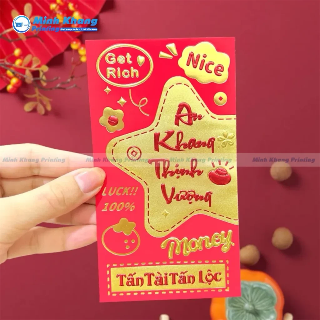 Mẫu bao lì xì dập nổi cành hoa mai may mắn đón chào xuân mới sang