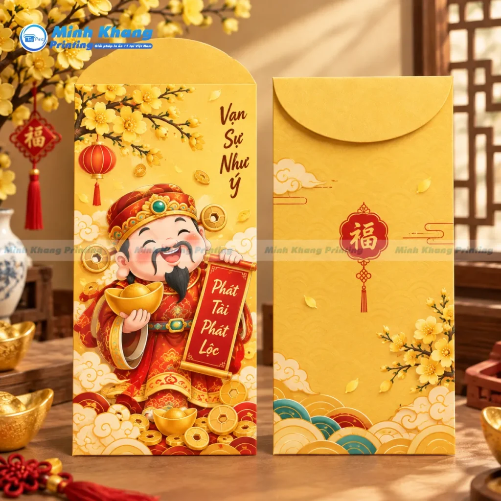 Mẫu phong bao lì xì hình Thần Tài màu đỏ vàng sang trọng.
