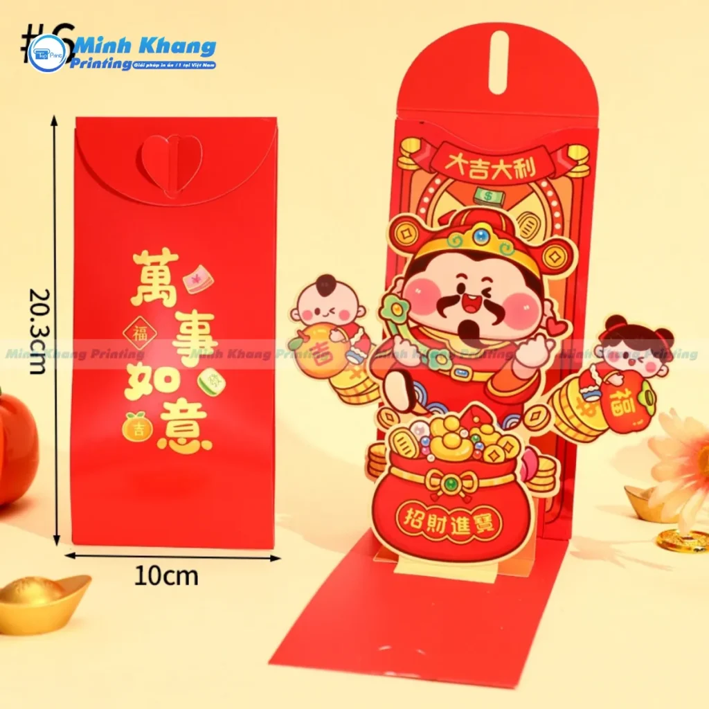 Mẫu bao lì xì thần tài 3D có nút gài cán bóng