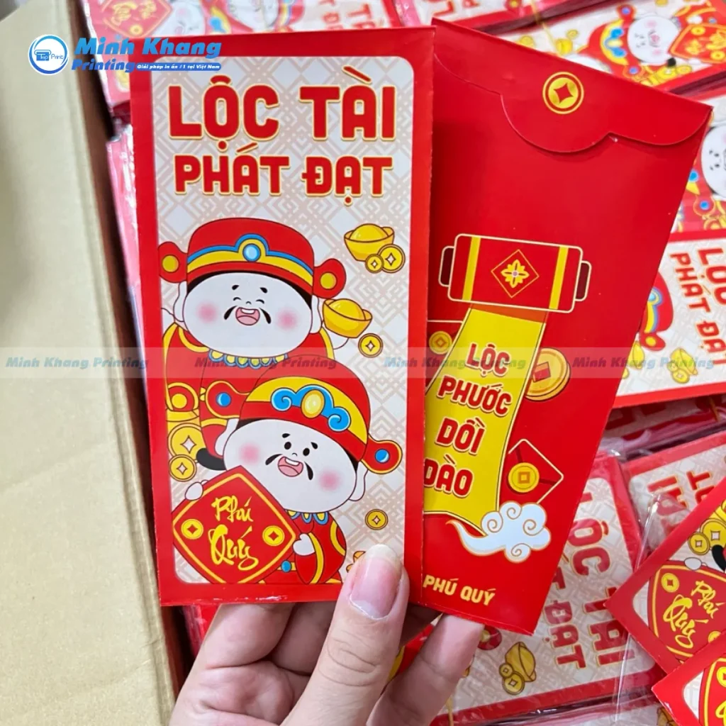 Mẫu ấn phẩm phong bao Thần Tài kèm câu chúc phát tài lộc