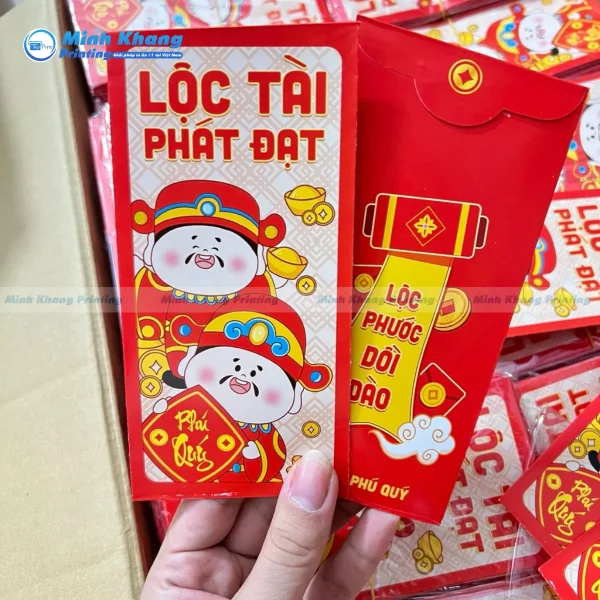 Mẫu ấn phẩm phong bao Thần Tài kèm câu chúc phát tài lộc