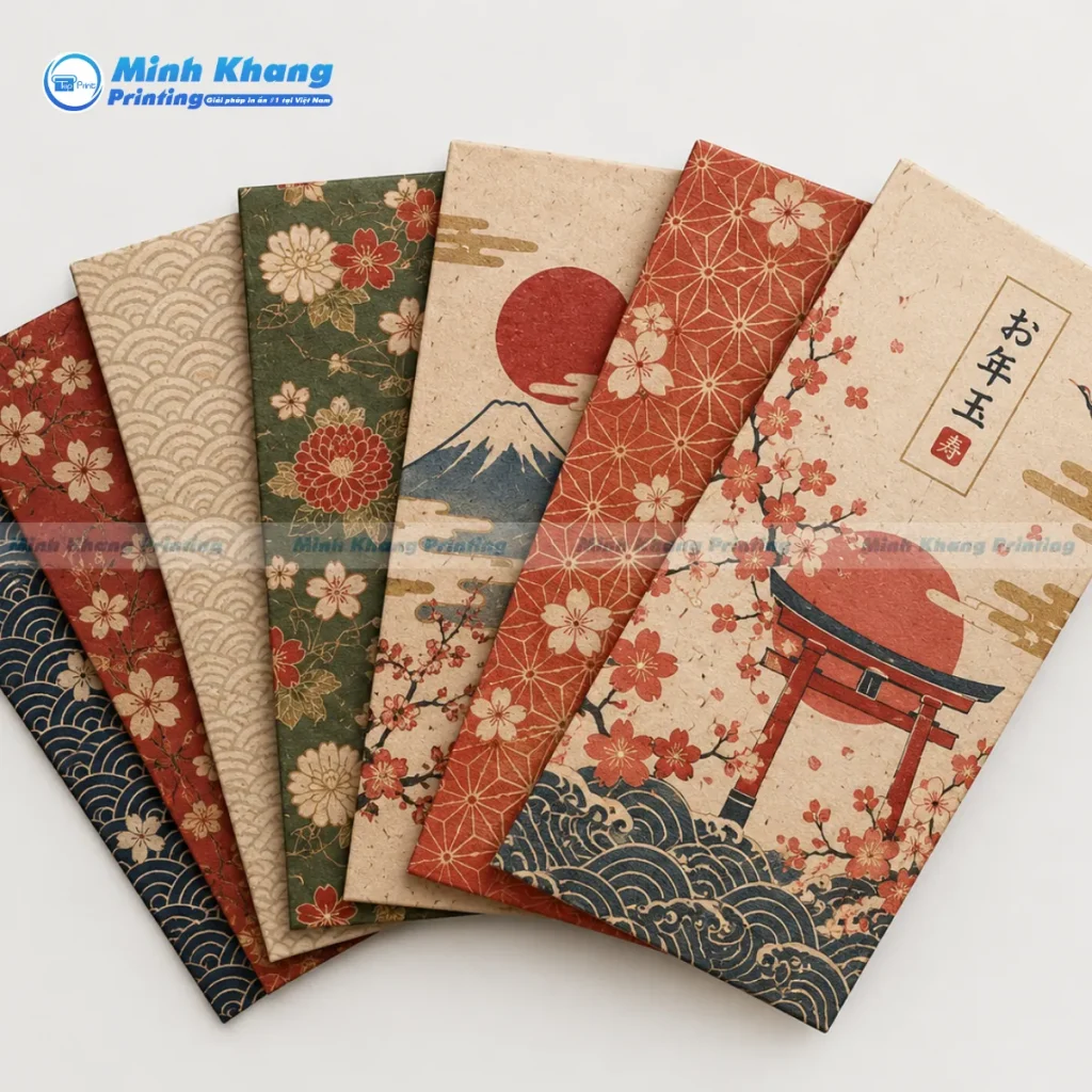 Mẫu bao lì xì Nhật Bản tối giản wafu in trên giấy kraft nâu