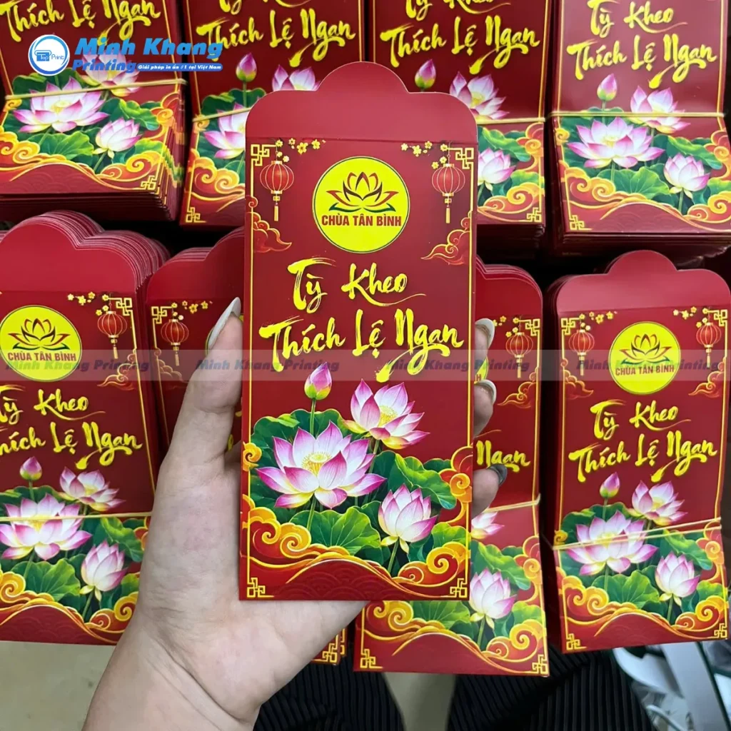 Mẫu bao lì xì chùa in chữ Thư Pháp tý kheo thích lệ ngan